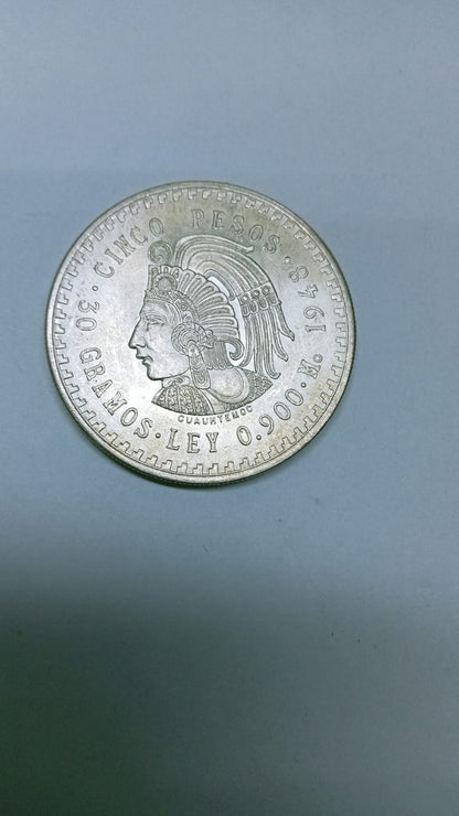 Moneda de Plata 5 Pesos Cuauhtémoc 1948 Ley .900