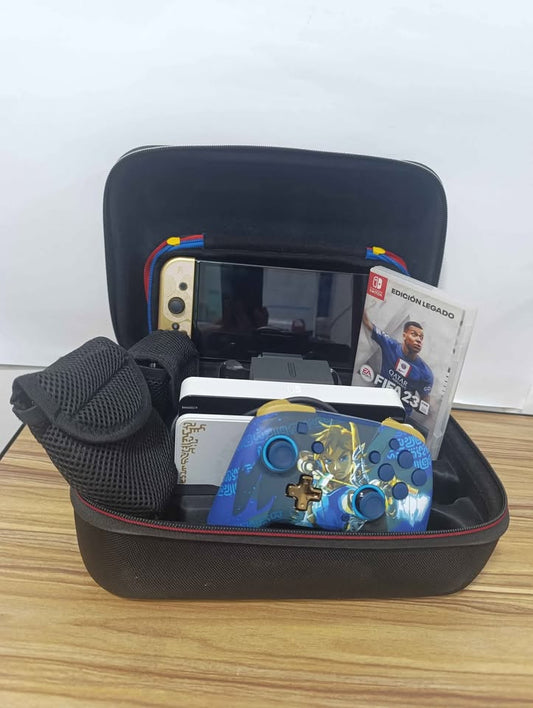 Nintendo switch oled estuche, control Zelda, juego FIFA usado