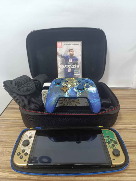 Nintendo switch oled estuche, control Zelda, juego FIFA usado