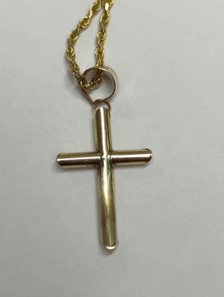 Oro Cadena tejido torzal y dije de cruz 10k peso 5.5gr usada