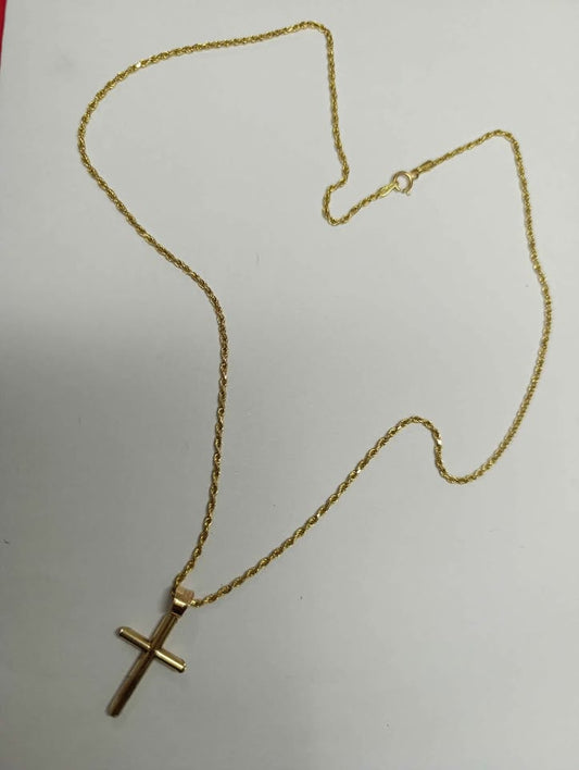 Oro Cadena tejido torzal y dije de cruz 10k peso 5.5gr usada