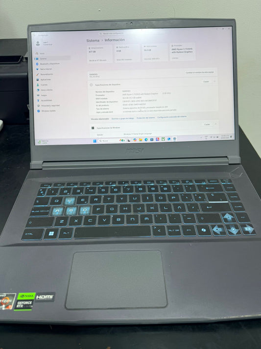 LAPTOP GAMER MSI R5 7SERIES, RTX3050, 16 GB, 512 SSD