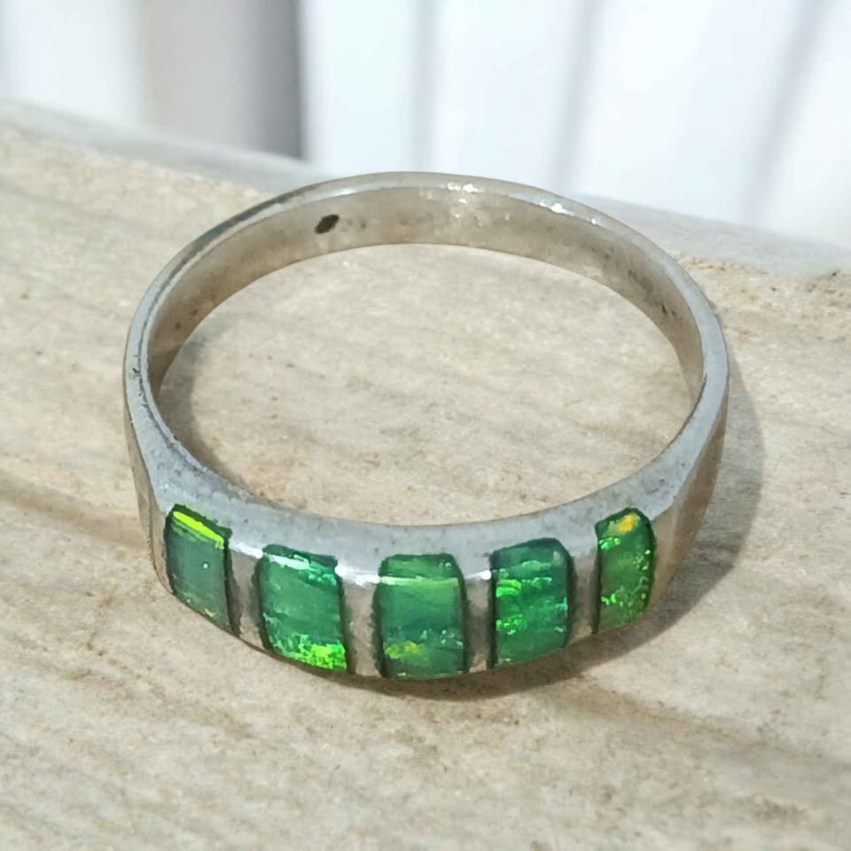 Plata anillo cuadros verdes .925 4.3g