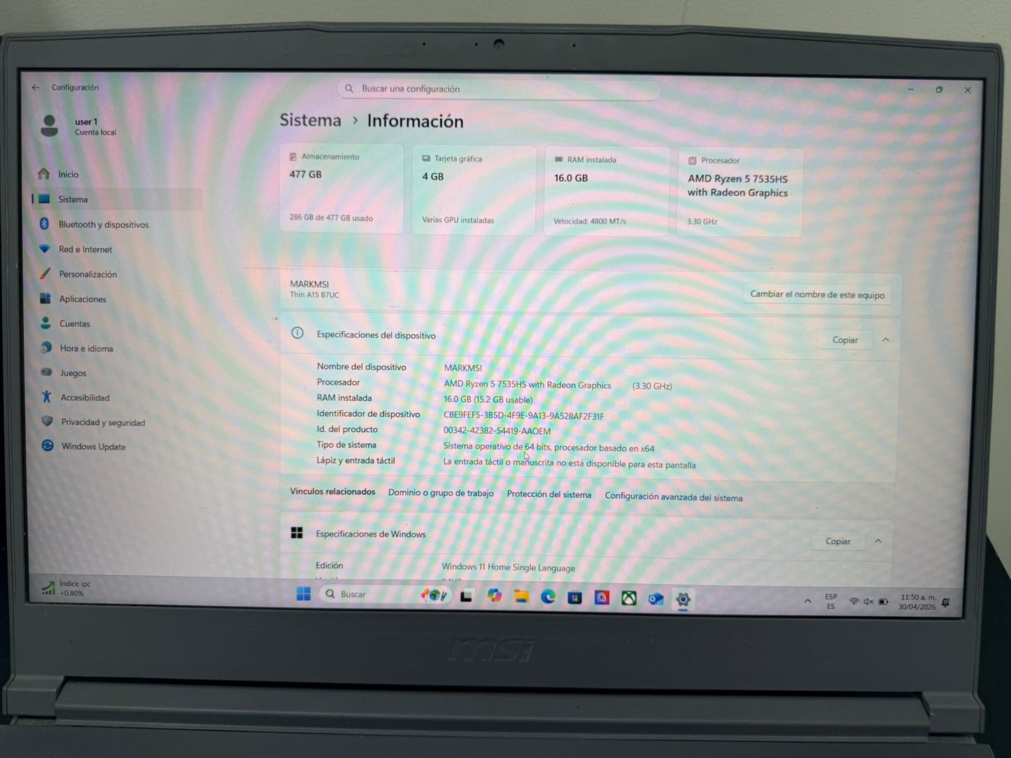 LAPTOP GAMER MSI R5 7SERIES, RTX3050, 16 GB, 512 SSD