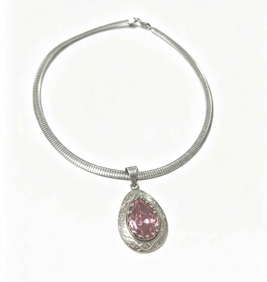 Plata cadena y Dije piedra rosa .925 38g