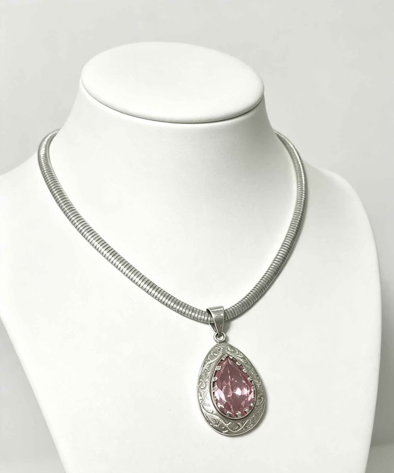 Plata cadena y Dije piedra rosa .925 38g