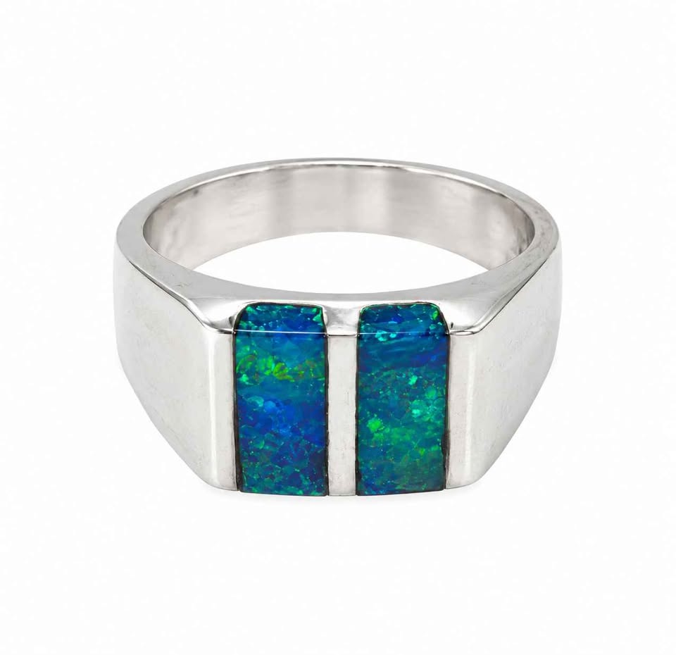 Plata anillo con sintético verde de 2 rayas .925 3.4g
