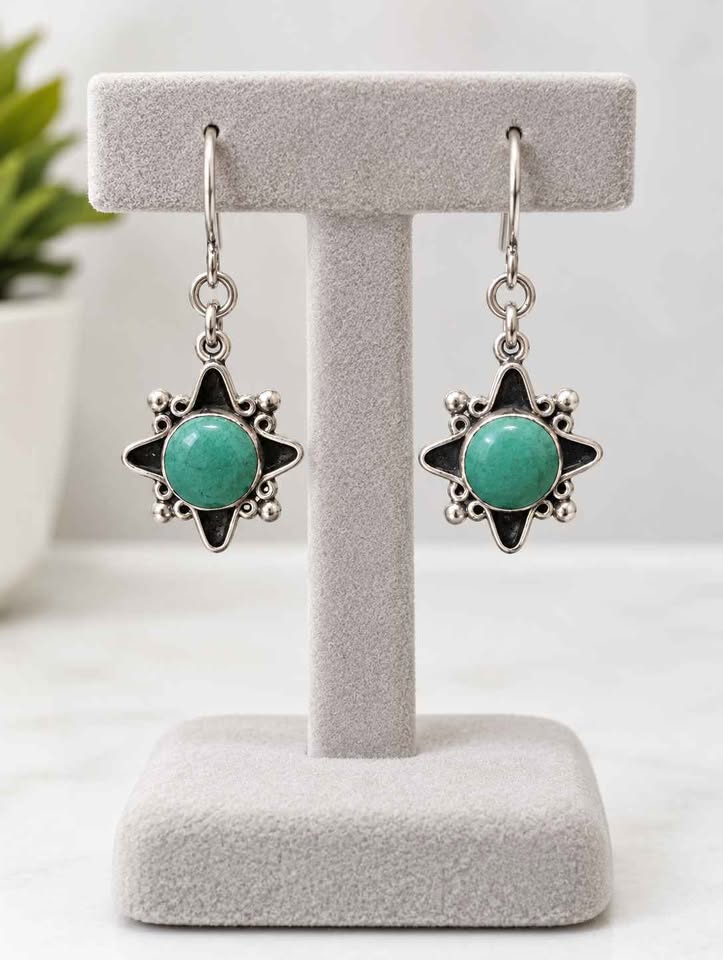 Plata aretes sintético verde flor .925 5.6g