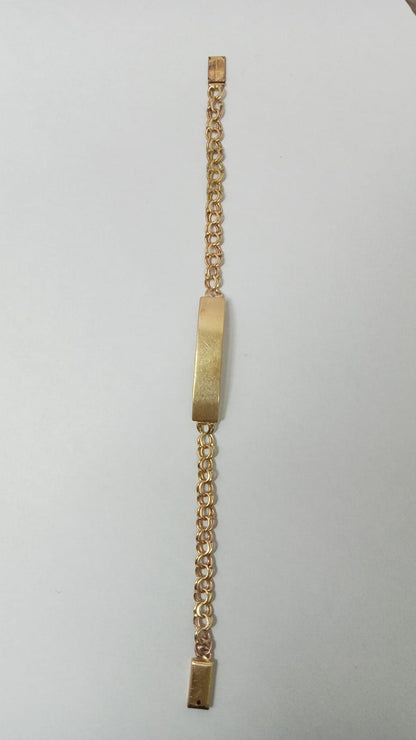 Esclava de oro 10k diseño tejido chino con placa mide 17cm pesa 6.4