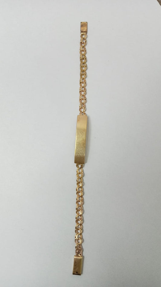 Esclava de oro 10k diseño tejido chino con placa mide 17cm pesa 6.4