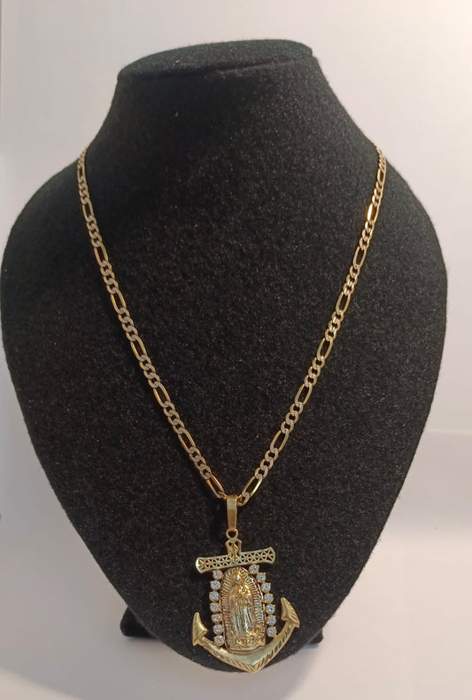 ✨ Cadena 3x1 de Oro 14K con Dije de Virgen y Ancla – Peso 24.5 g ✨