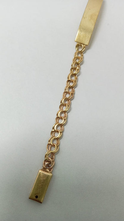 Esclava de oro 10k diseño tejido chino con placa mide 17cm pesa 6.4