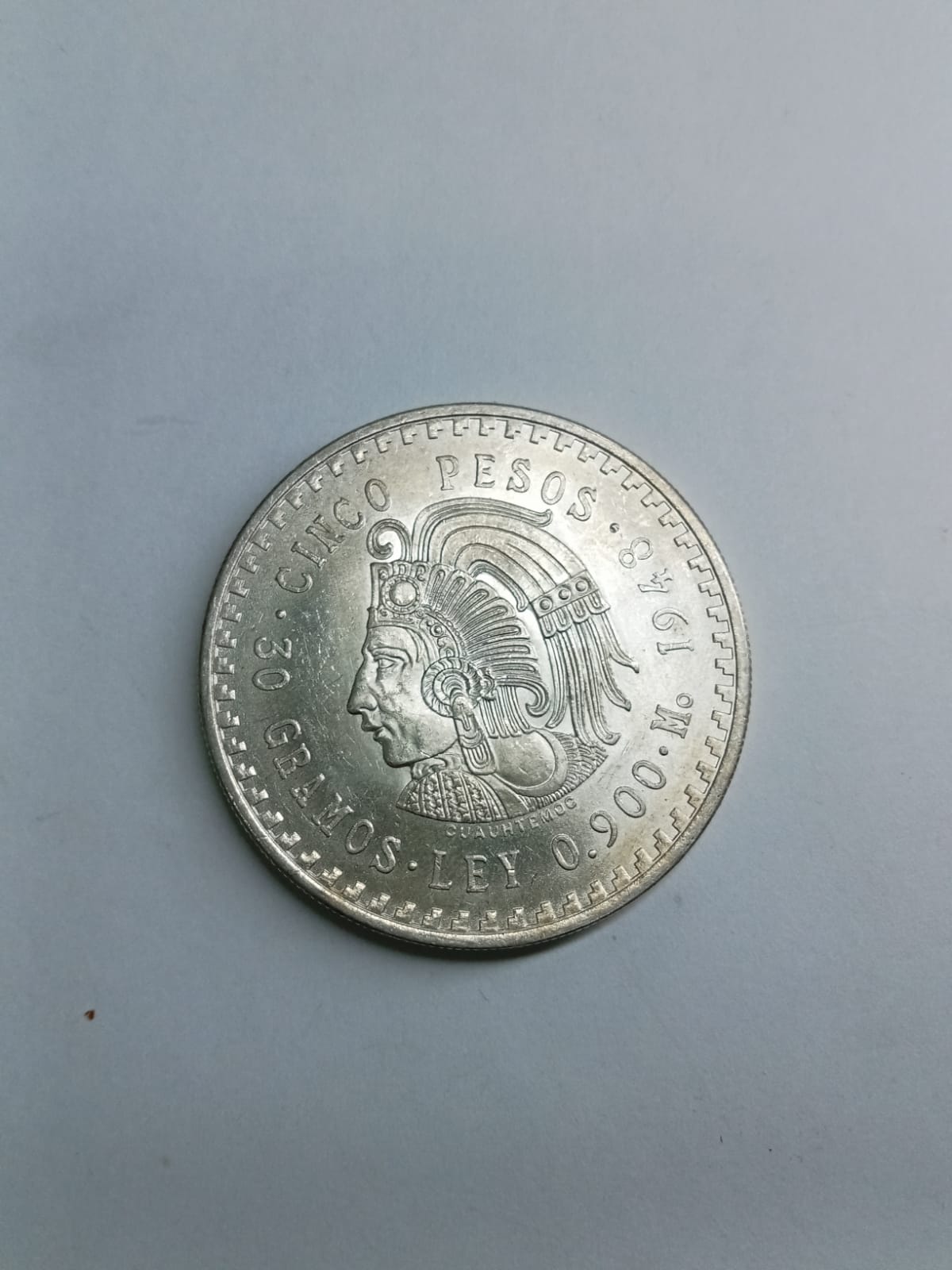 Moneda de Plata 5 Pesos Cuauhtémoc 1948 Ley .900