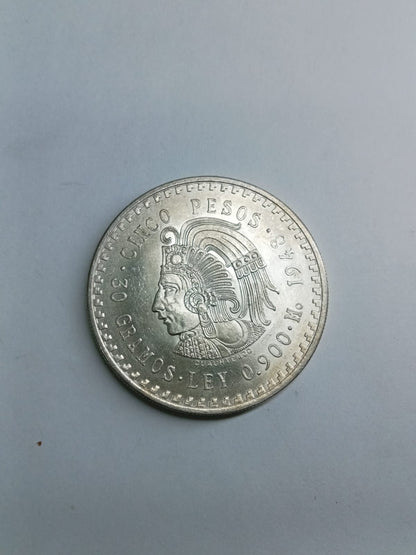 Moneda de Plata 5 Pesos Cuauhtémoc 1948 Ley .900