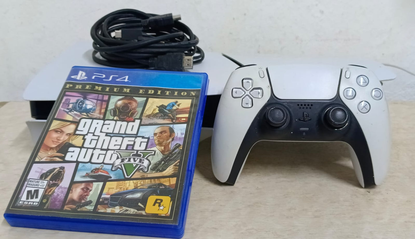 Play Station 5 control, juego y cables, usado